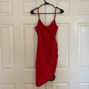Bright red dress size large. It’s stretchy material and scrunches on one side
